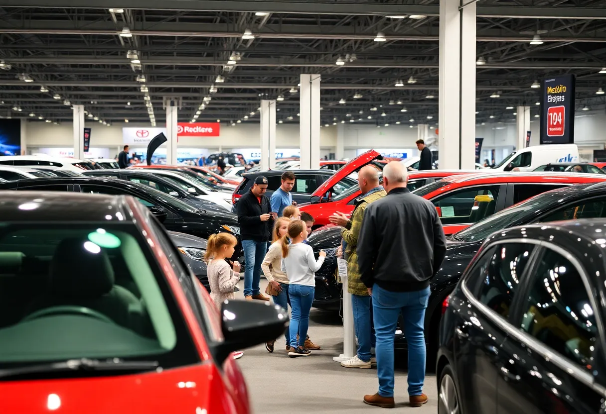Crowd enjoying the Arizona International Auto Show with new vehicles on display.