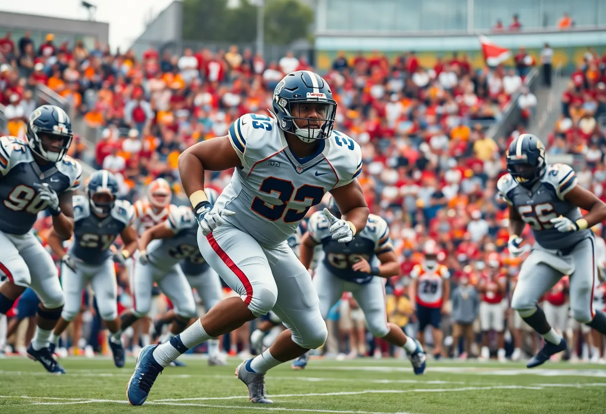 Defensive lineman in action during a football game