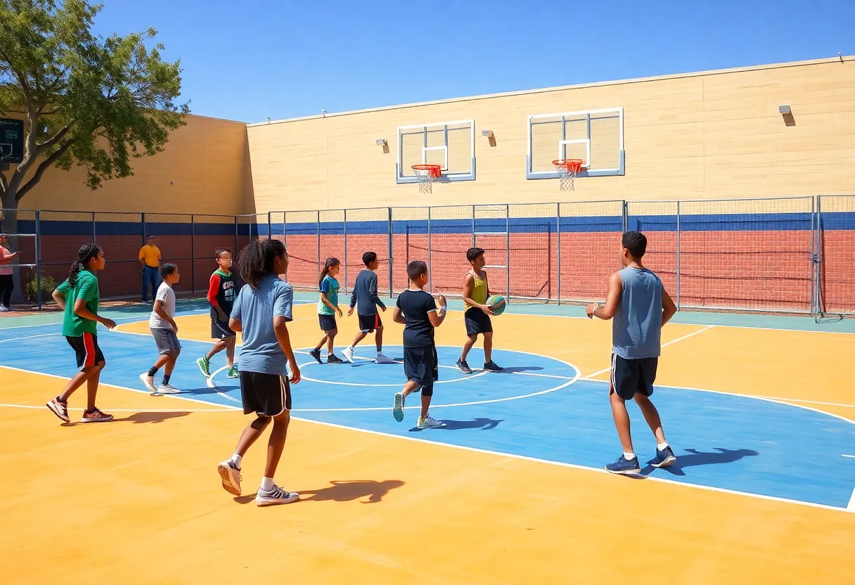Students on a basketball court practicing skills under the guidance of a coach