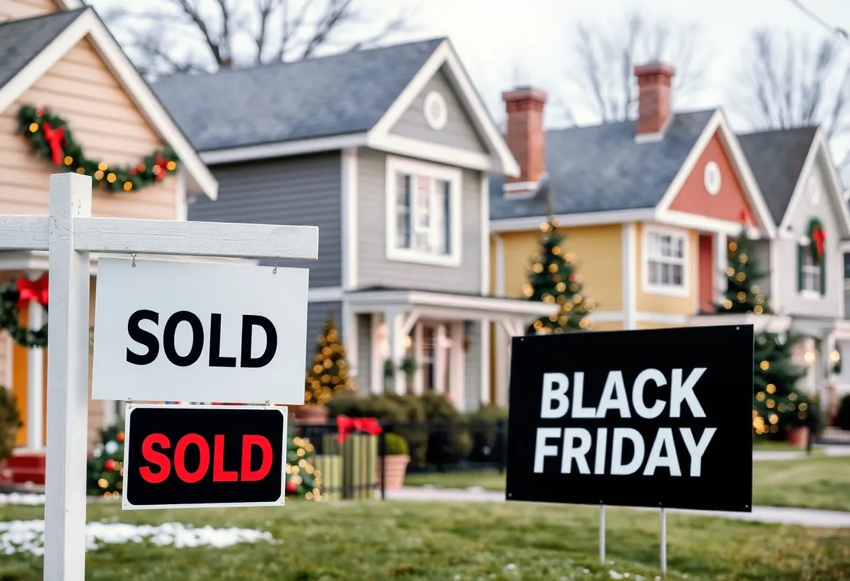 Homes with price reduction signs during the Black Friday shopping season