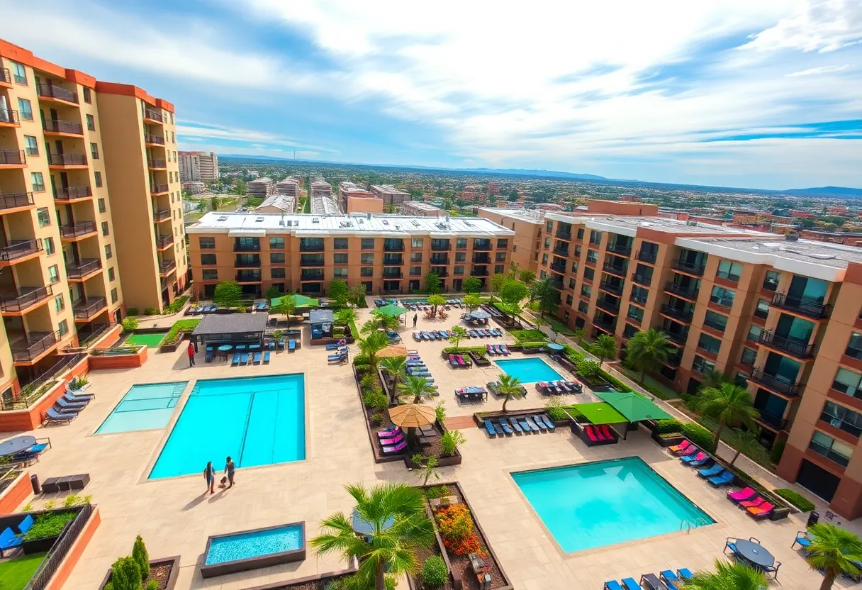 Aerial view of Camden Copper Square in downtown Phoenix, showcasing swimming pools and outdoor spaces.