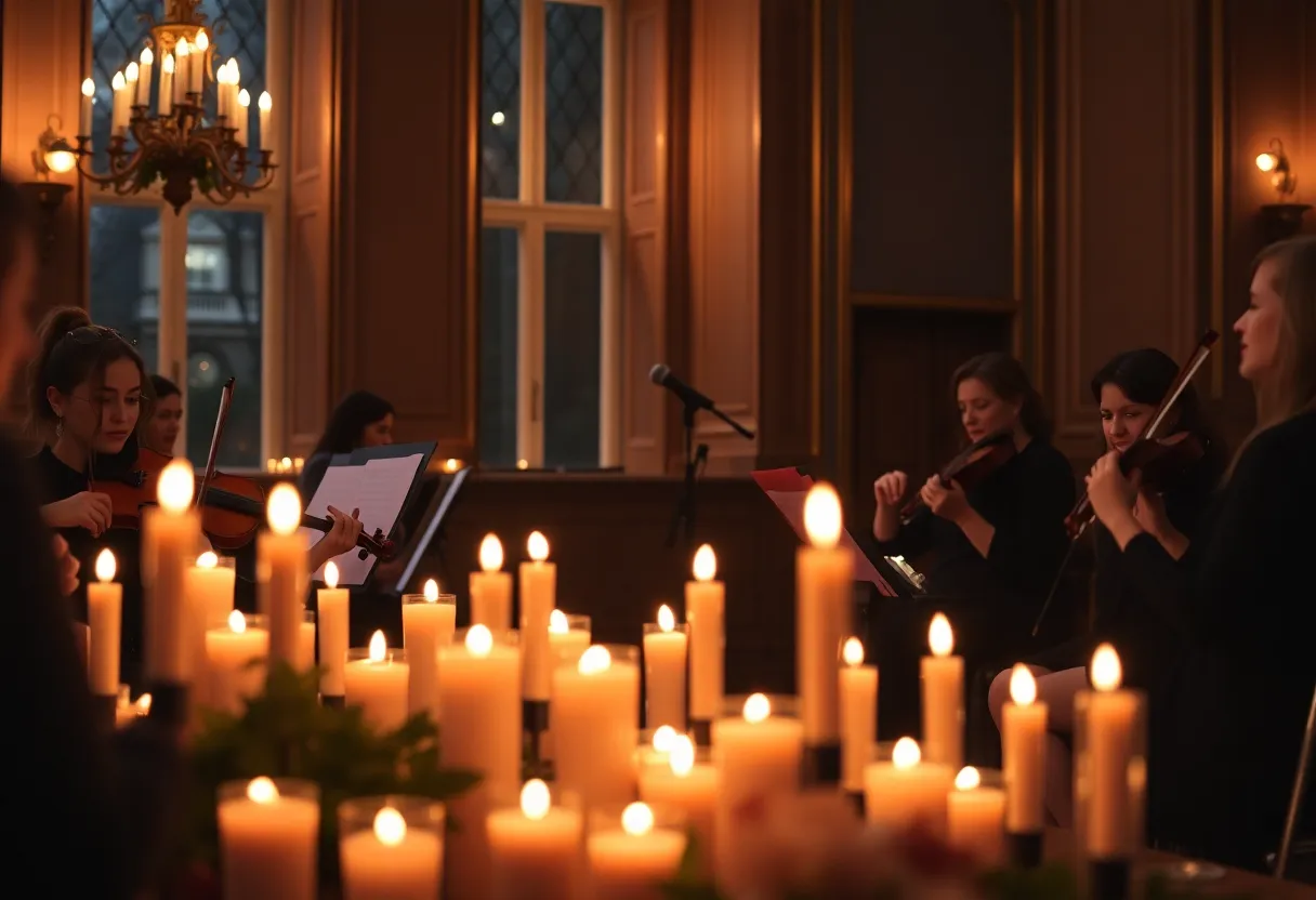 String quartets performing in a candlelit environment