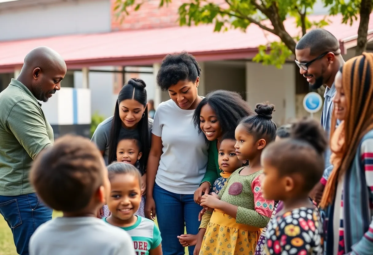 Mentorship scene with diverse adults and children