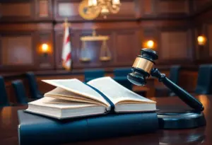 Courtroom setting depicting justice being served