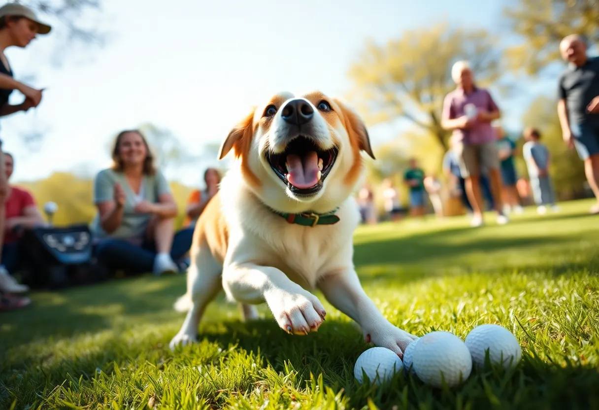 A dog collecting golf balls in a park