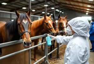 Horses in a stable with biosecurity measures in place
