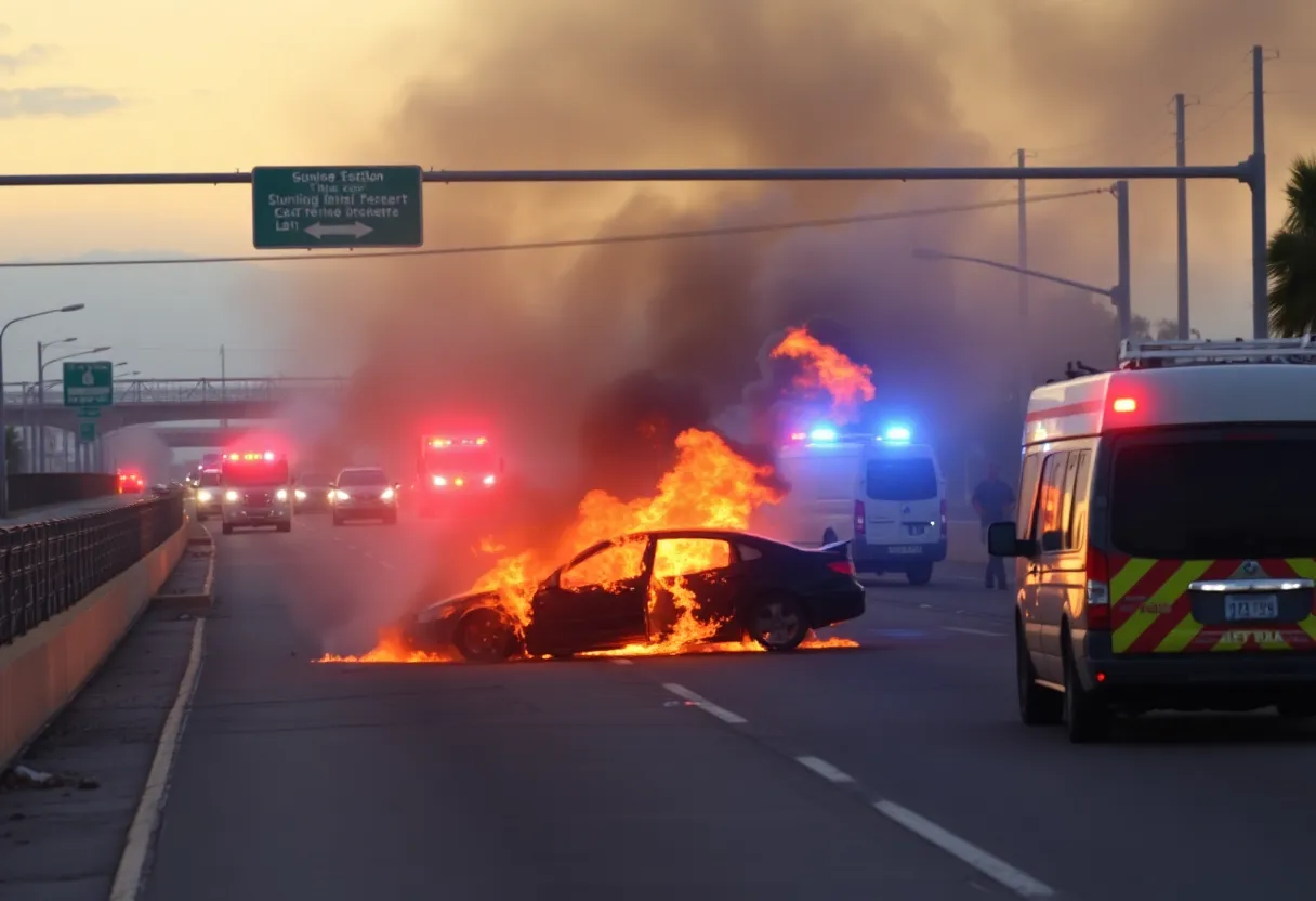A fiery car crash on Loop 202 in Phoenix with emergency responders at the scene.