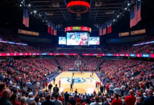 Fans enjoying a college basketball game featuring the Fresno State Bulldogs and Grand Canyon Lopes.