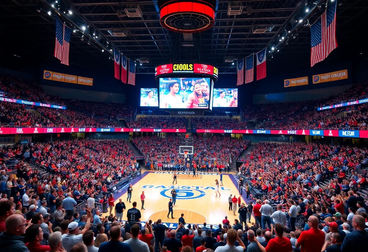 Fans enjoying a college basketball game featuring the Fresno State Bulldogs and Grand Canyon Lopes.