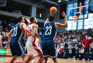 Players celebrating during GCU's basketball game victory