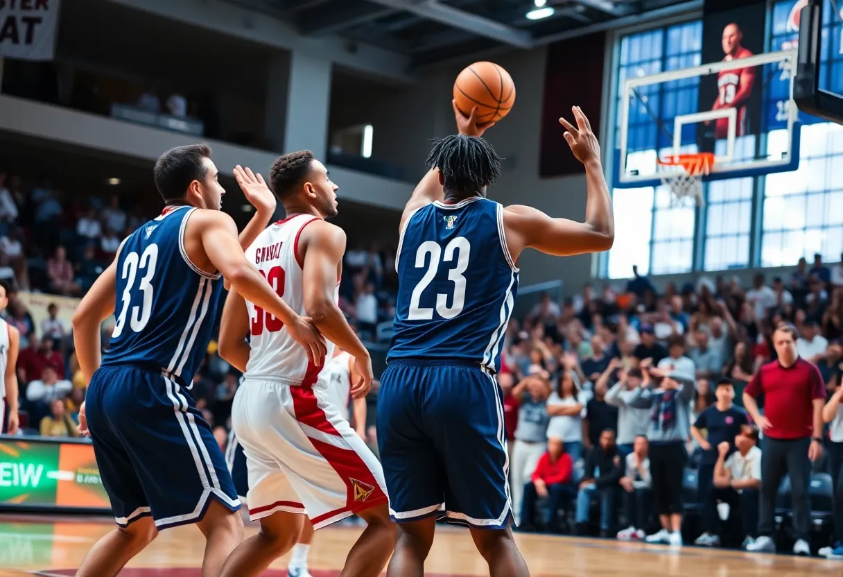 Players celebrating during GCU's basketball game victory
