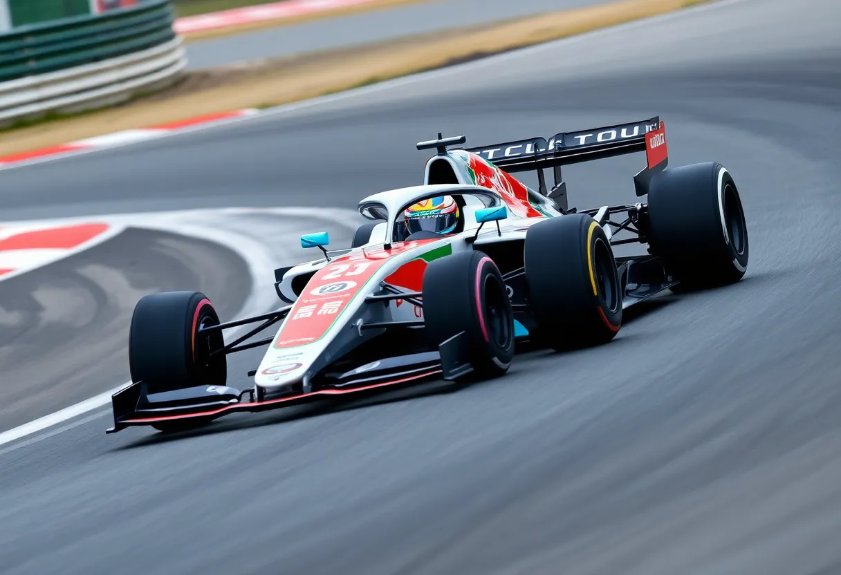 A sleek Mercedes Formula 1 car in motion on the race track.