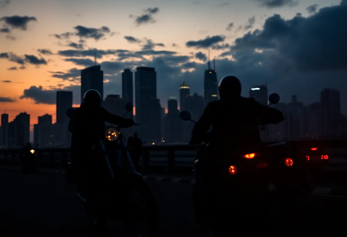 Representation of gang culture with motorcycles and a city skyline