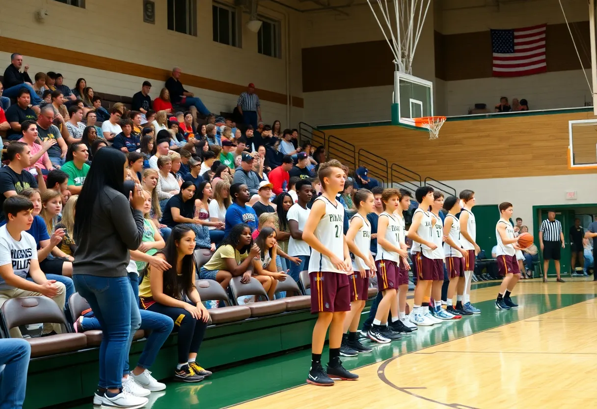 High school basketball players warming up with fans cheering in the background
