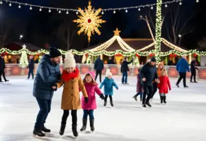 Families ice skating at a festive outdoor rink in Arizona during the holiday season.