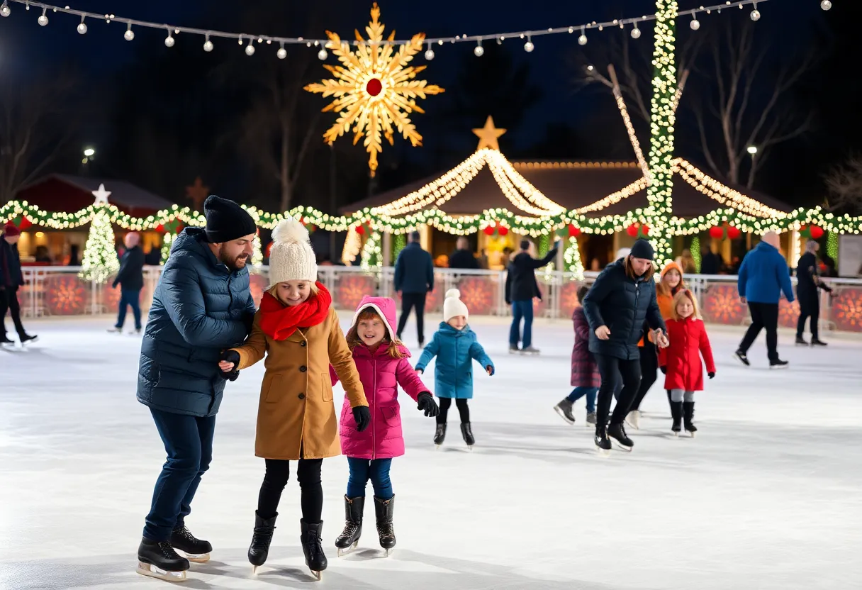 Families ice skating at a festive outdoor rink in Arizona during the holiday season.