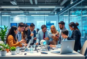 Diverse professionals working in a modern office with AI technology