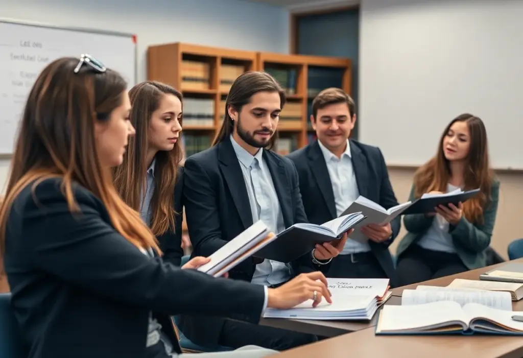 Law students discussing legal cases in a classroom