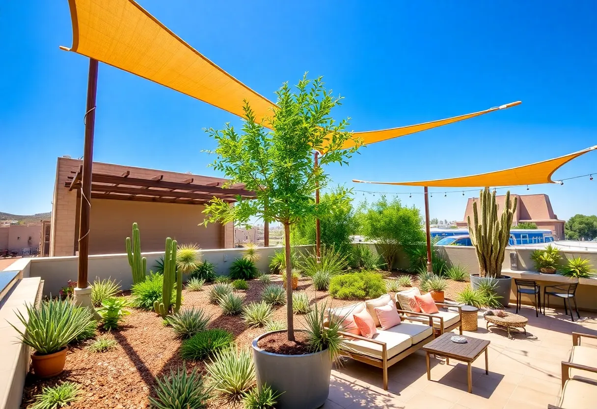 Rooftop garden in Phoenix with diverse plants and comfortable seating.