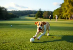 A Scottish terrier collecting golf balls at a golf course.