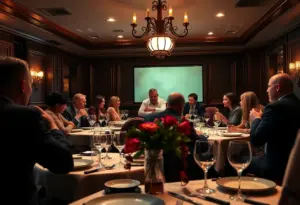 Interactive murder mystery dinner scene in a restaurant