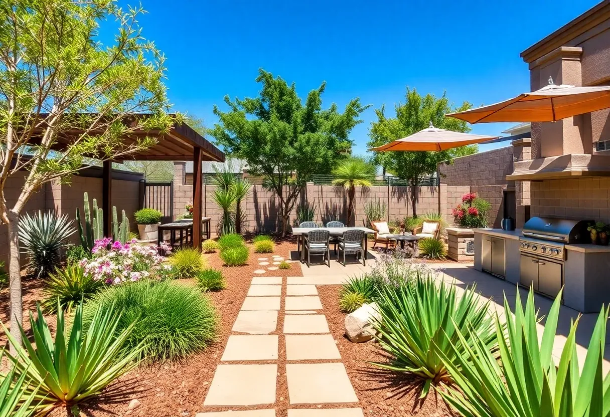 An outdoor living area in Phoenix with native plants and a pergola.