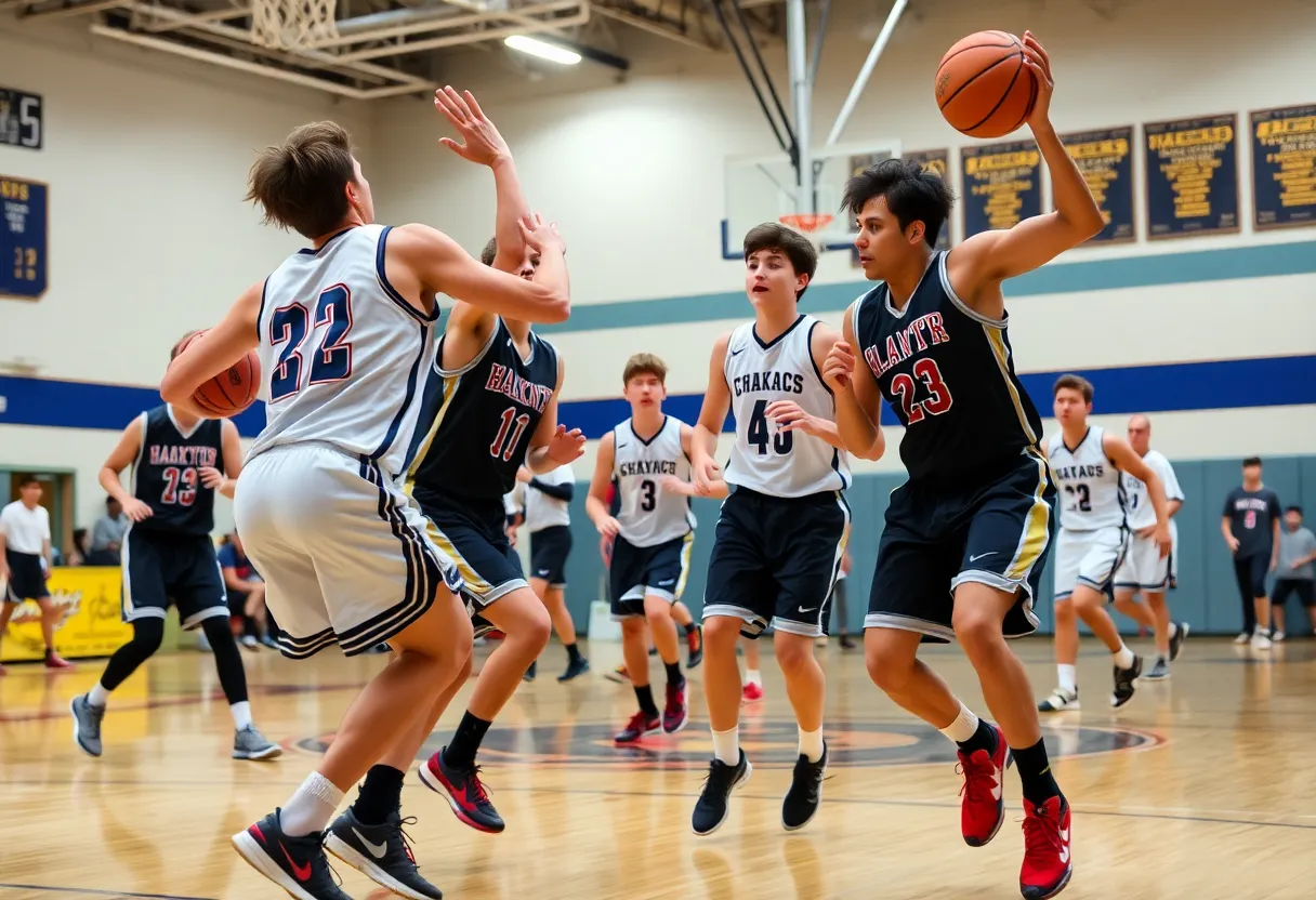 High school basketball players competing on the court