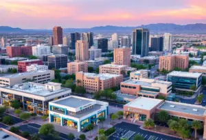 City skyline of Phoenix featuring healthcare, retail, and technology sectors
