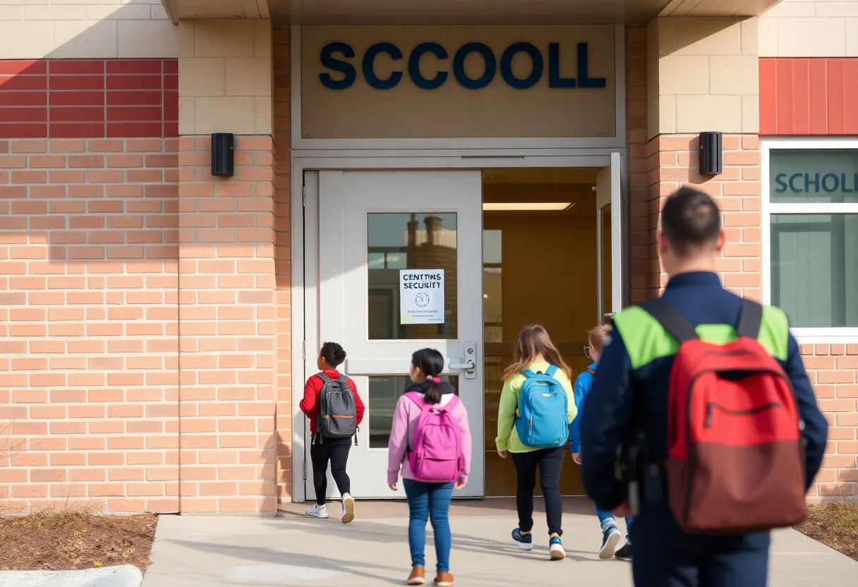 Exterior view of Orangewood Elementary School with security measures in place.