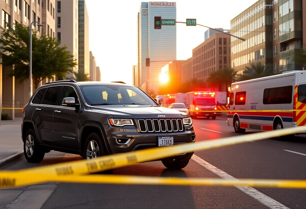 Scene of a hit-and-run investigation in Phoenix with a damaged gray Jeep Cherokee