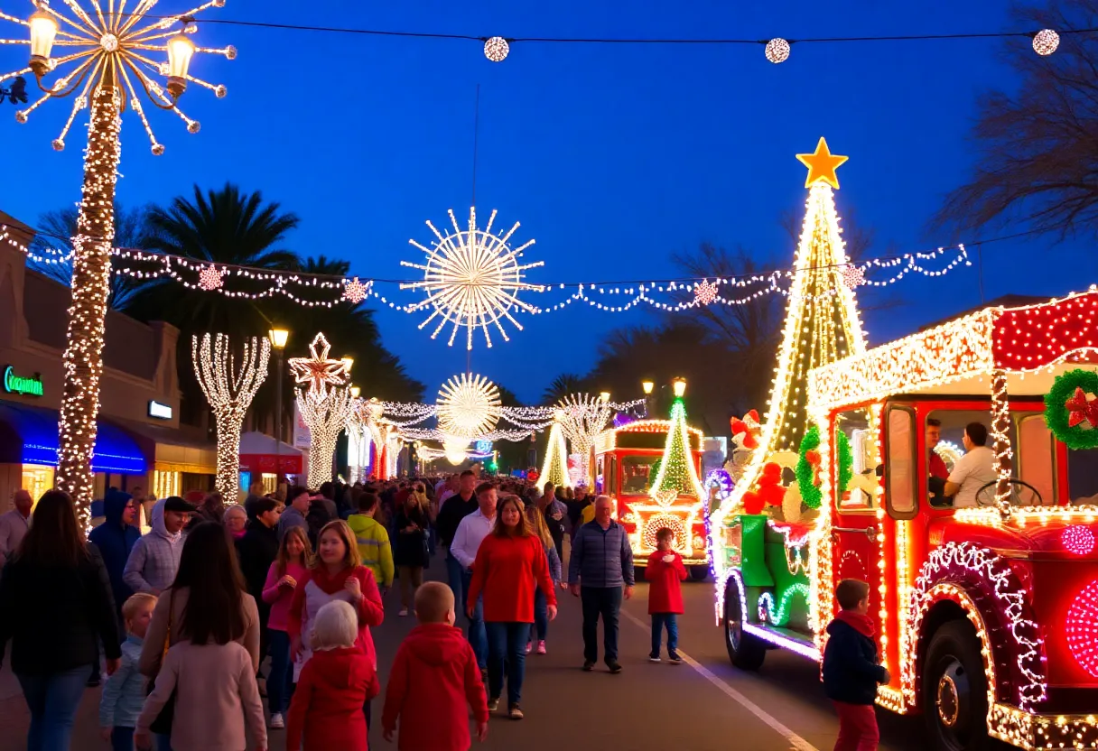 Community members enjoying a holiday event in Phoenix with festive lights and decorations