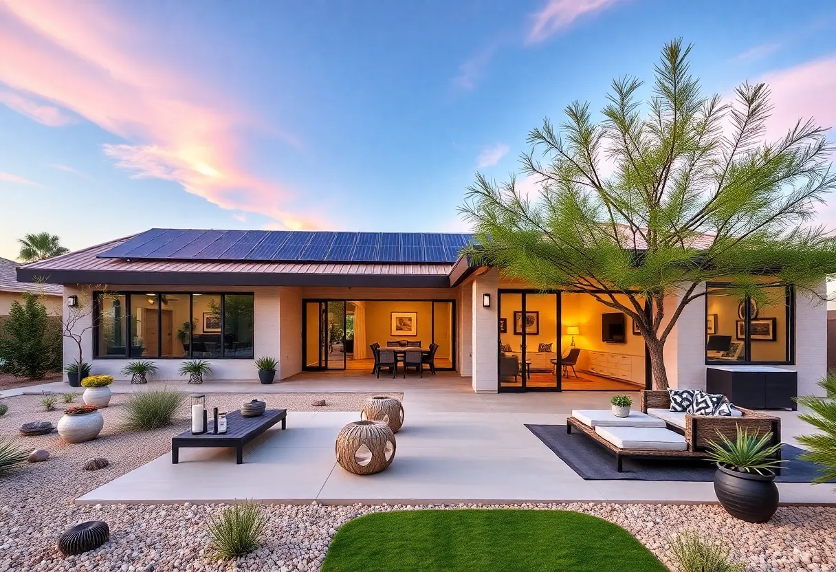 A newly constructed home in Phoenix with solar panels and open living space