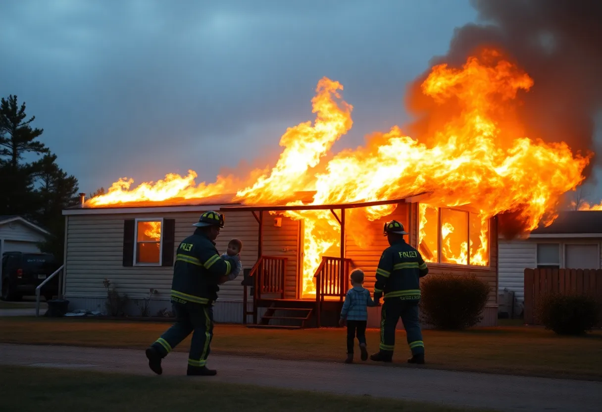 Firefighters rescuing a child from a mobile home fire in Phoenix