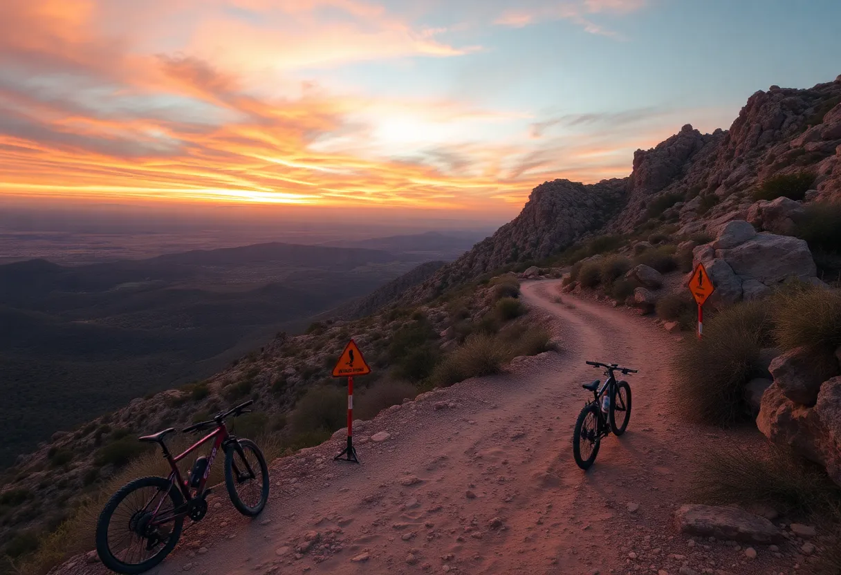 Mountain trail in Phoenix with safety signs and bicycles