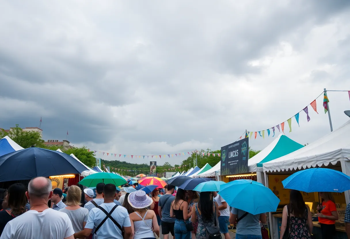 Attendees at an outdoor festival in Phoenix under rain with umbrellas.