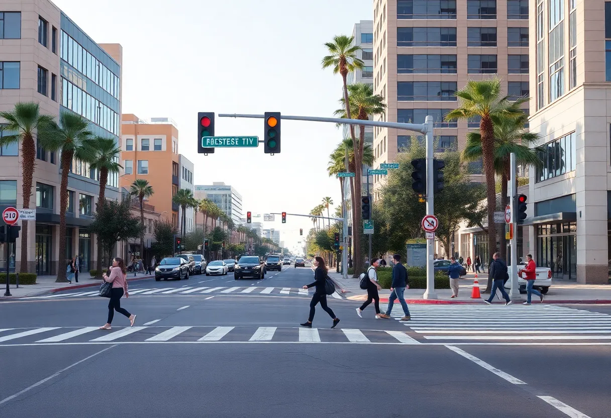 Pedestrians crossing at a busy intersection in Phoenix, AZ
