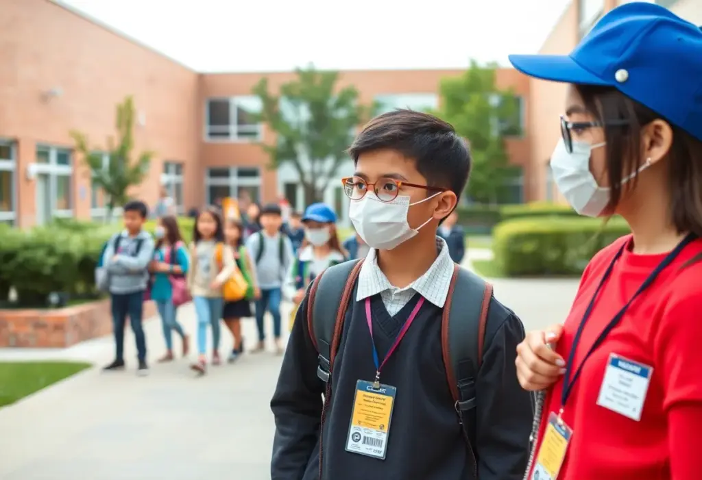 Students and staff in a school setting discussing safety measures
