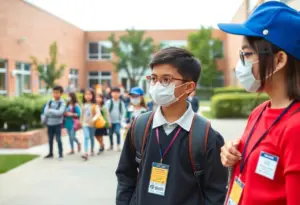 Students and staff in a school setting discussing safety measures
