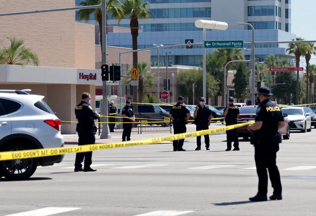 Police officers investigating a shooting incident in Phoenix near a busy intersection.