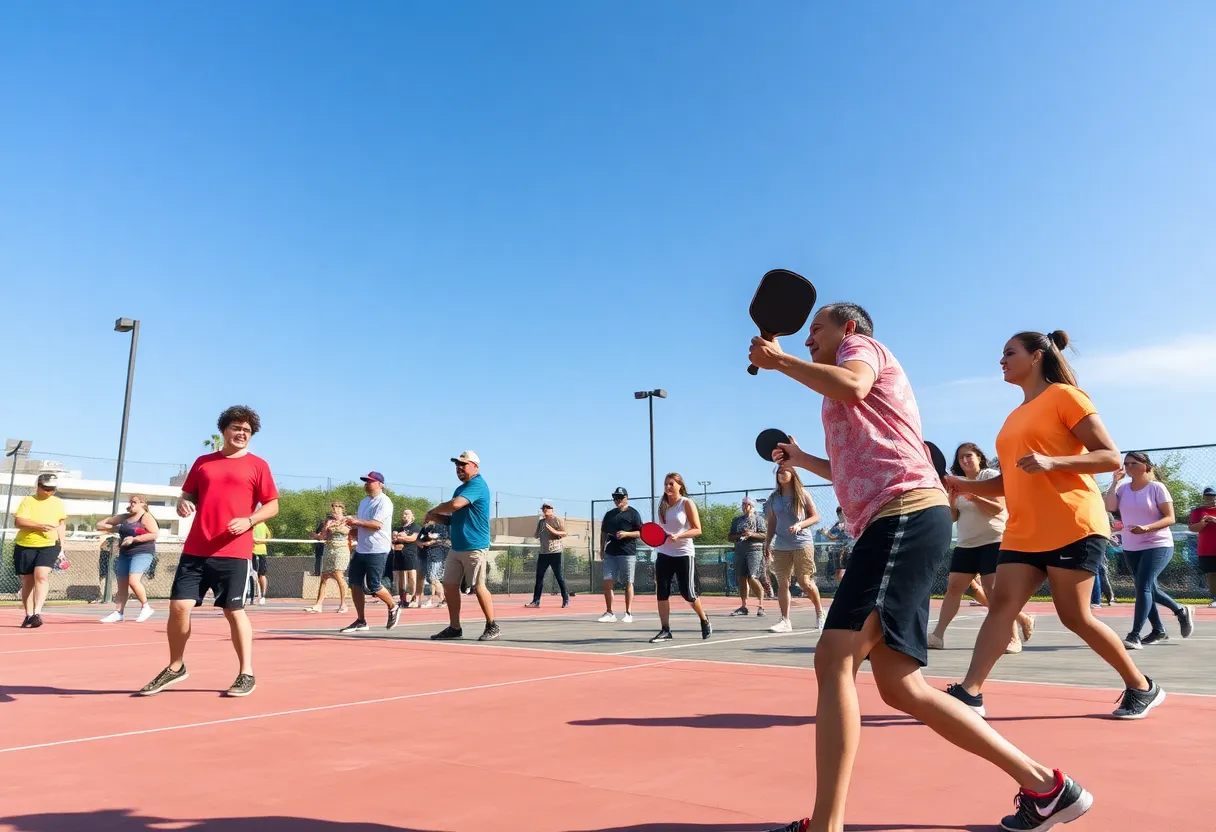 Participants engaged in a pickleball class in Phoenix, playing on outdoor courts.