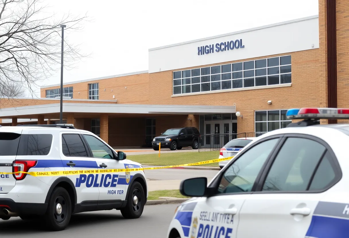 Exterior view of Queen Creek High School during a police investigation.