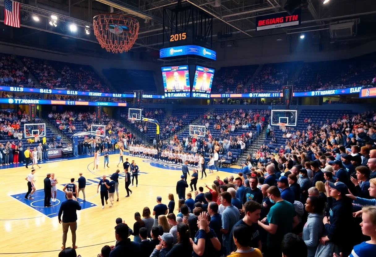 Exciting basketball game atmosphere with fans cheering