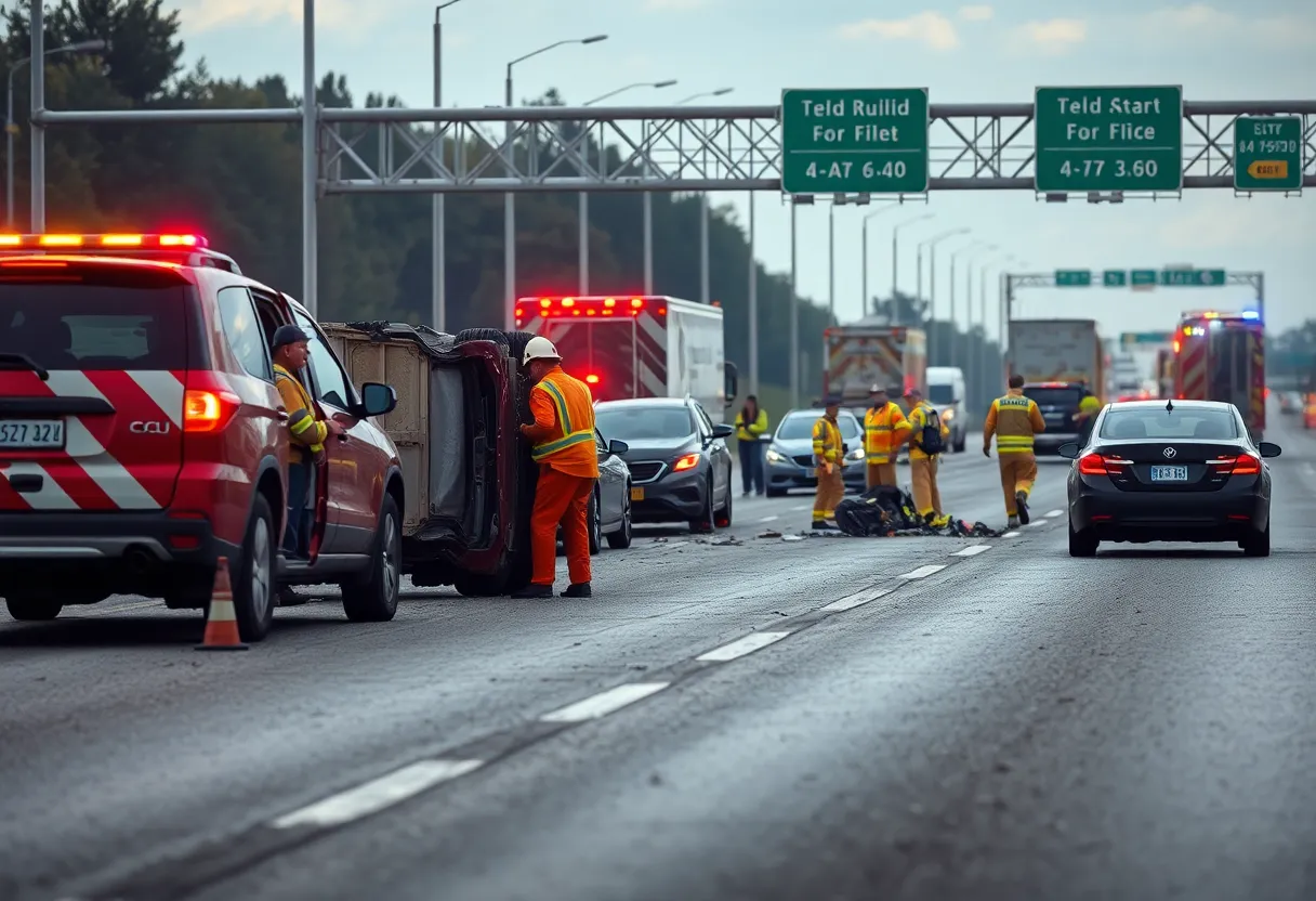 Scene of a rollover crash on the highway with emergency vehicles present.