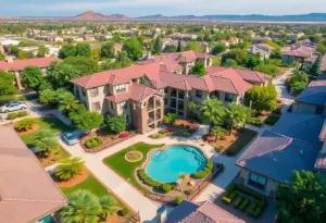 Exterior view of the Rose Garden Apartments in Phoenix, featuring green gardens and residential units.