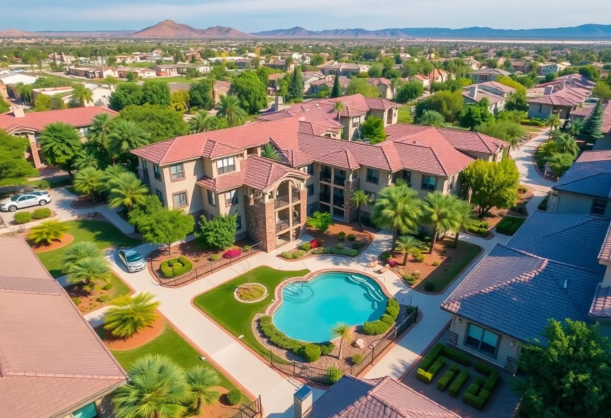 Exterior view of the Rose Garden Apartments in Phoenix, featuring green gardens and residential units.