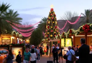 A festive scene from Scottsdazzle with a lit Christmas tree and people enjoying holiday activities.