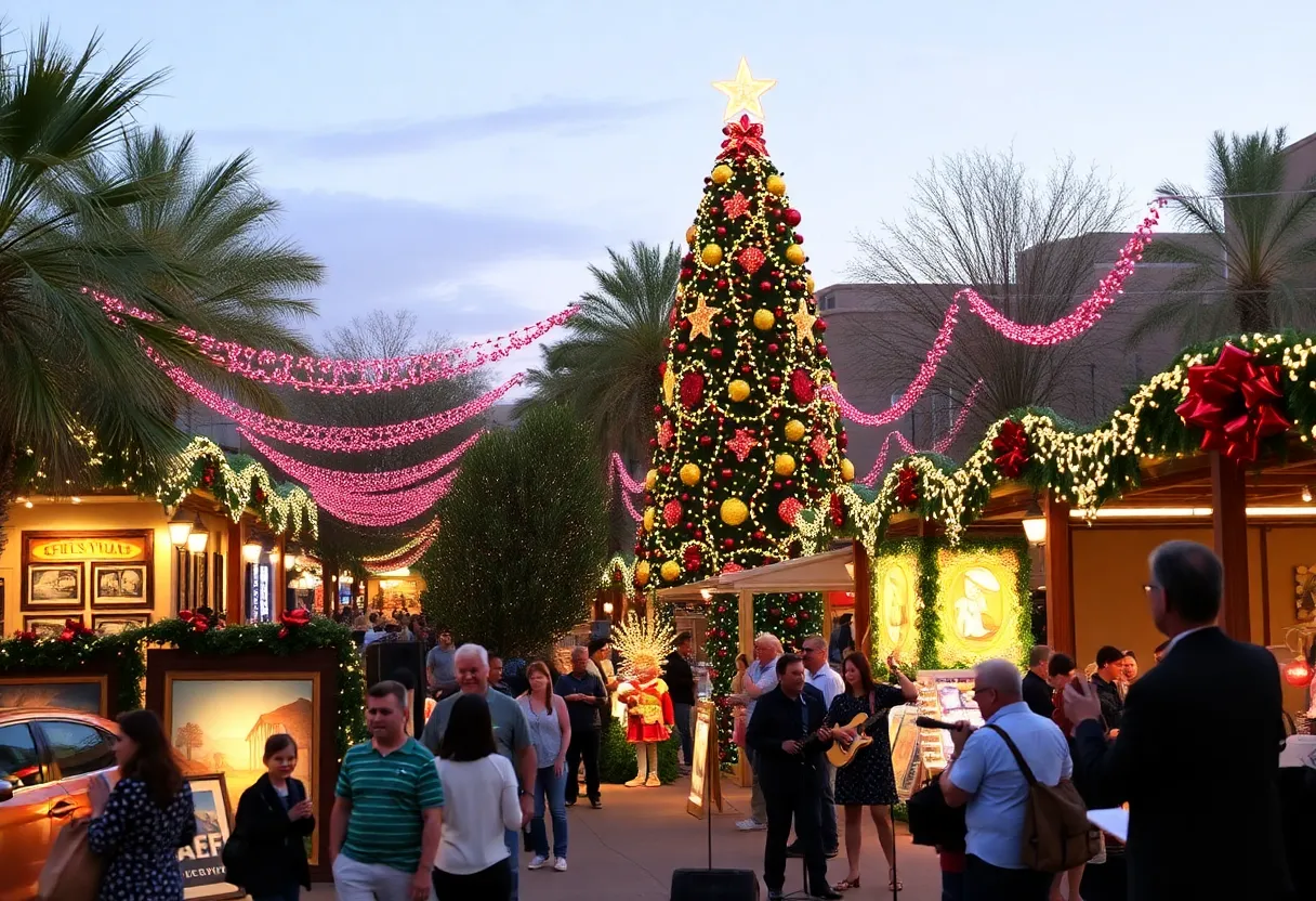 A festive scene from Scottsdazzle with a lit Christmas tree and people enjoying holiday activities.