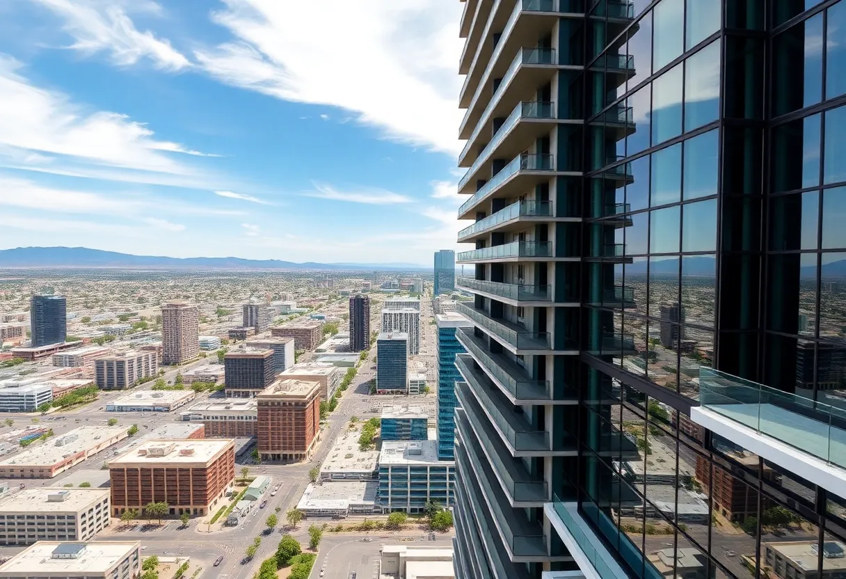 Exterior view of the Sheraton Phoenix Downtown hotel against the Arizona skyline