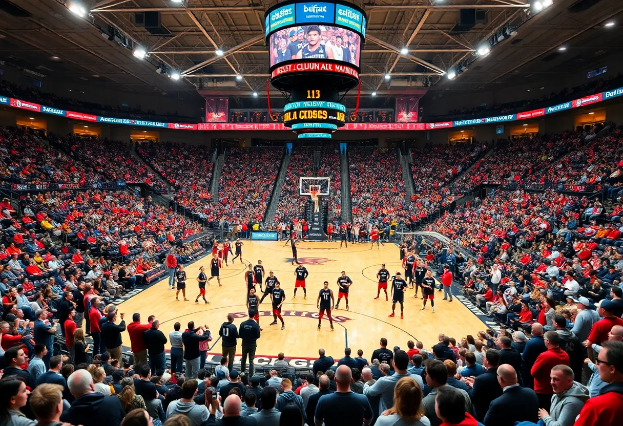Basketball players warming up at Global Credit Union Arena