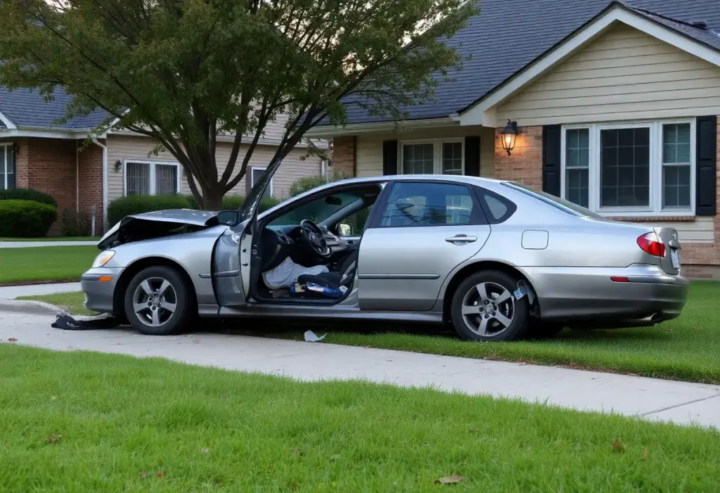 Crashed stolen vehicle outside a house in Glendale